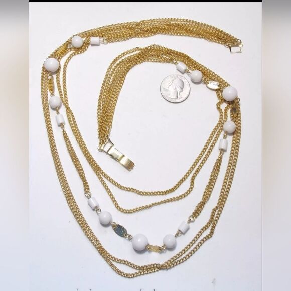 Vtg 6-Strand JAPAN Necklace, GT Chain & White Milk Glass Round/Barrel Beads, 29" - Picture 1 of 2